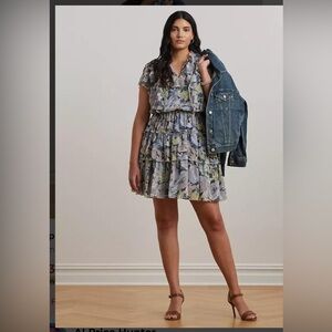 Ralph Lauren Plus Size blue Floral Ruffle Trim Georgette Dress. NWT Size 22W